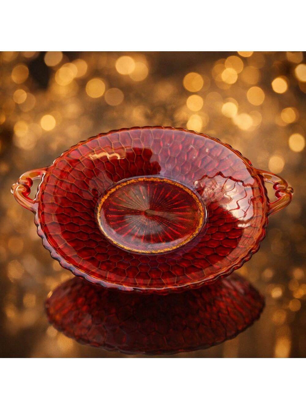 Vintage Indiana Glass Honeycomb Design 9 1/8" Red 2-Handled Candy Dish